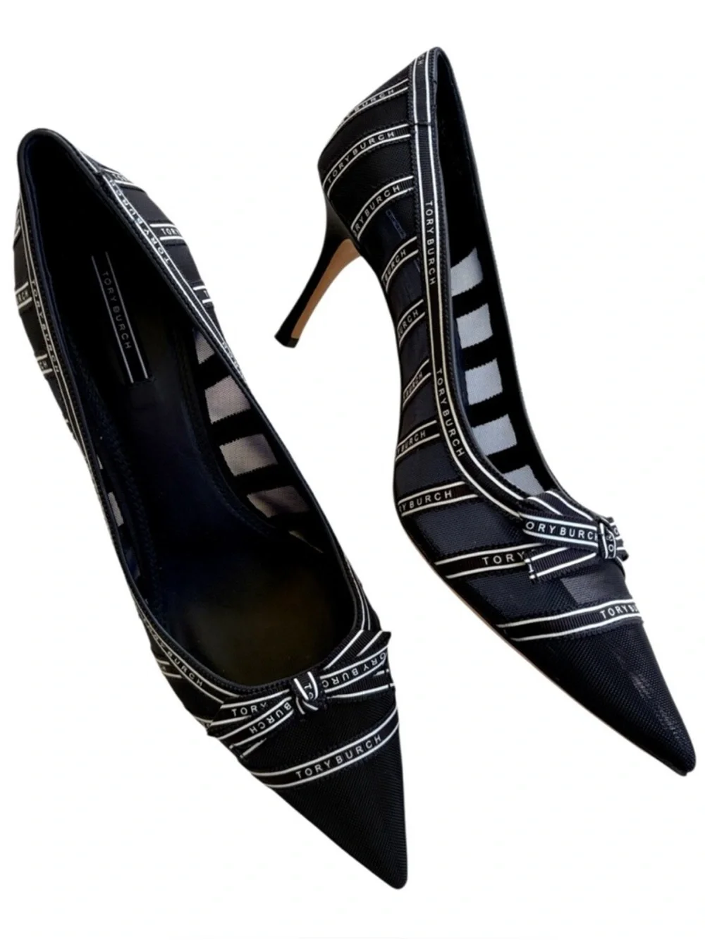 EUC Tory Burch Penelope Mesh Logo Pumps Black White Size 8.5 Retail $490.00